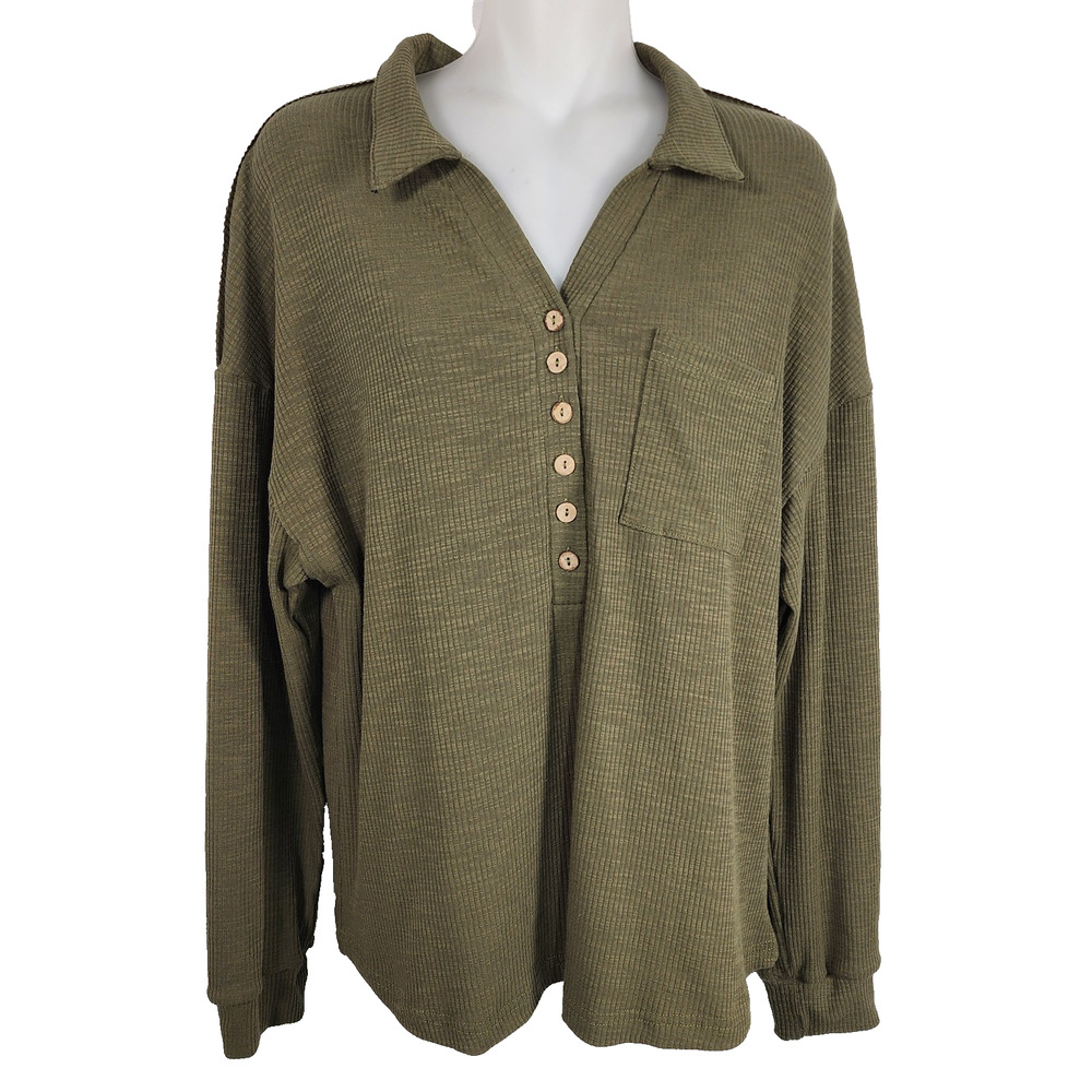 Miss Sparkling Womens Collared Top Green Waffle Knit Long Sleeve Pocket Small